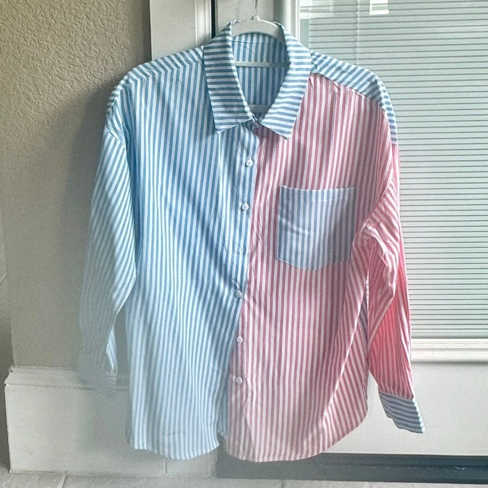 NEW - Women’s Sky Blue/Pink Contrast Striped
Print Shirt (Small) - Picture 1 of 7